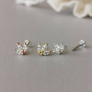 Lotus Threadless Earring Triple Marquise CZ Diamond Tiara Helix Earring 18g/16g Threadless Silver Flat Back Post for Tragus Cartilage Conch image 2