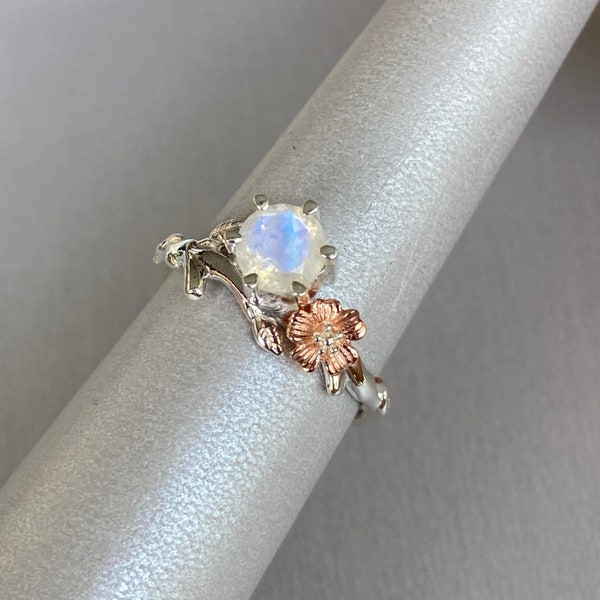 Rainbow Moonstone Rose Gold Cherry Blossom Ring - Sterling Silver Size 8 1/4