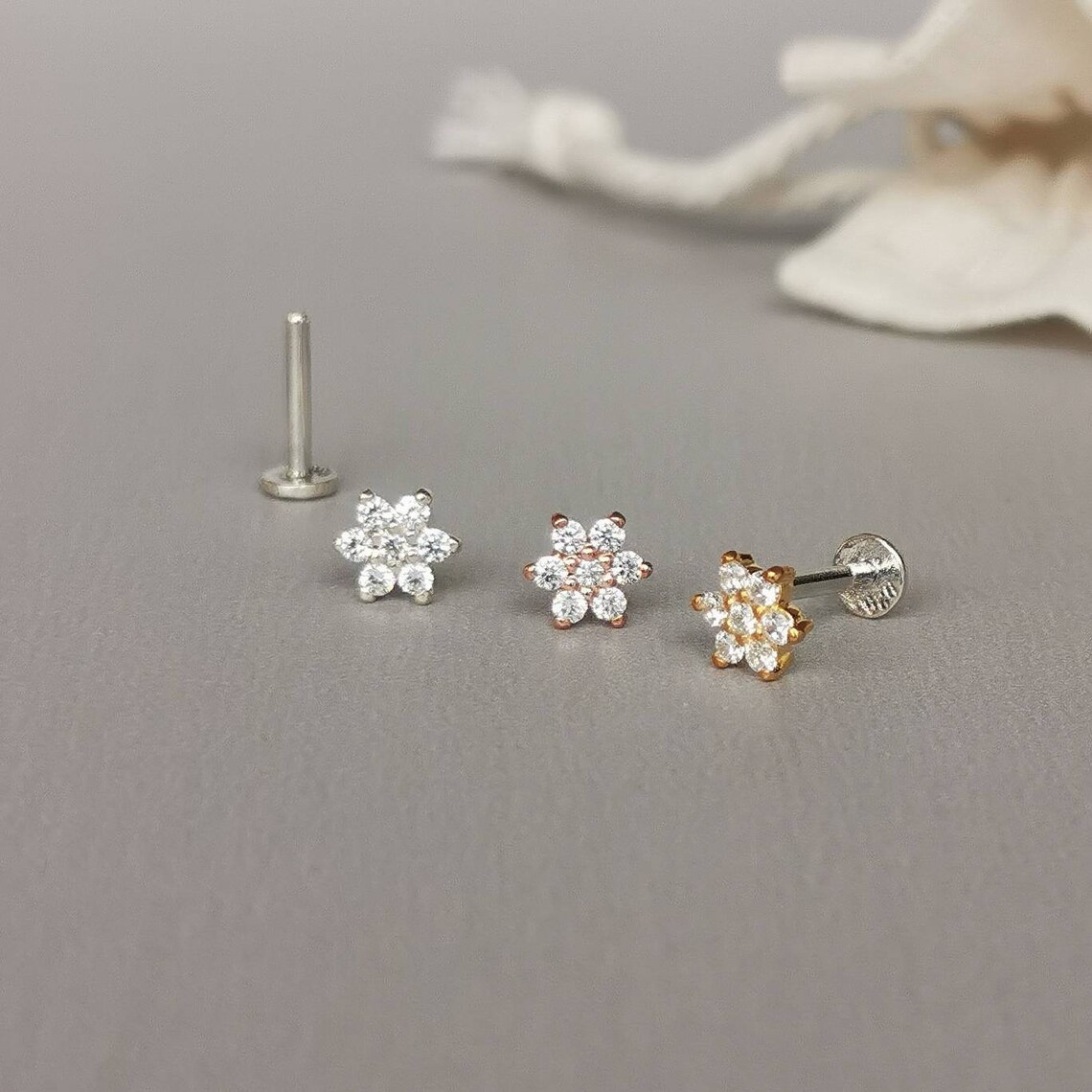CZ Daisy Flower Helix Earring Threadless Push Pin Cartilage Etsy