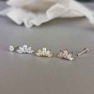 CZ Diamond Tiara Helix Earring - 18g/16g Threadless Sterling Silver Push in Pin Flat Back Post for Cartilage Conch Lobe Piecing