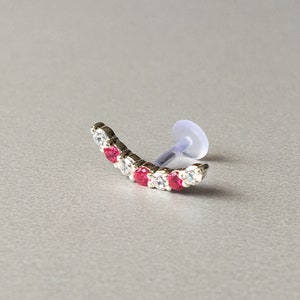 16G Ruby Red CZ Crescent Moon Cartilage Earring Curved Helix Stud Silver Conch Piercing Jewelry Push in Pin Flat Back Bioflex Labret Post