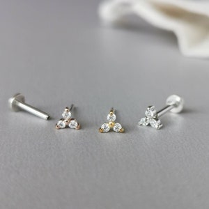 CZ Diamond Trinity Helix Tragus Earring - 18g/16g Threadless Sterling Silver Push in Pin Flat Back Post for Cartilage Conch Lobe Piercing