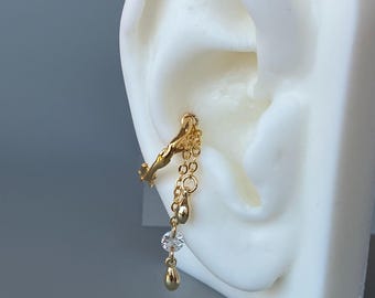 16G Chained Conch Hoop Earring Dangle Chain CZ Charm Earring Dainty Silver 12MM Twist Hoop Twig Conch Ring Bohemian Conch Piercing Jewelry