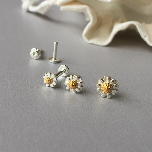 Daisy Tragus Earring Push in Pin Flat Back Cartilage Piercing - 18g/16g Threadless Sterling Silver Tragus Cartilage Conch  Piercing