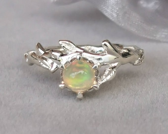 Natural Opal and Silver Vine Leaf Engagement Ring - Size 7 US - 925 Sterling Silver Twig Ring Nature Inspired Alternative Woman Wedding Ring