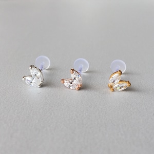 16G Marquise CZ Diamond Tragus Earring Minimalist Silver Cartilage Stud Helix Conch Ear Piercing Push in Pin Flat Back Bioflex Labret Post