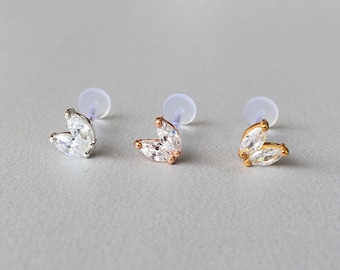 16G Marquise CZ Diamond Tragus Earring Minimalist Silver Cartilage Stud Helix Conch Ear Piercing Push in Pin Flat Back Bioflex Labret Post