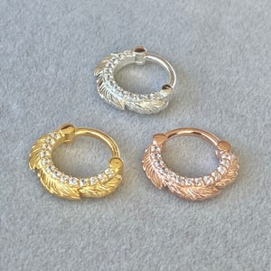 Feather and CZ Diamond Clicker Earring  Sterling Silver Daith  Septum Ring Daith Hoop Nose Ring Septum Ear Piercing Clicker 8 MM