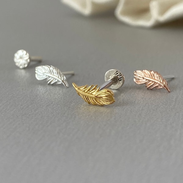 16G 18G Dainty Feather Helix Earring Silver Tragus Stud Small Cartilage Piercing Conch Jewelry Push Pin Titanium Flat Back Threadless Post