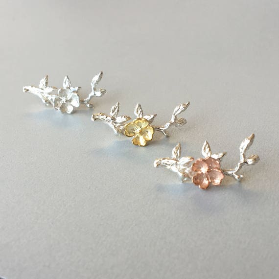 16G Silver Twig Helix Earring Rose Gold Flower Cartilage Stud Elegant Bridal Ear Piercing Jewelry Push in Pin Bioflex Flat Back Labret Post