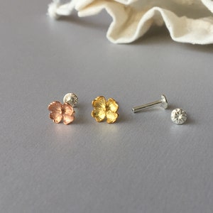 Clover Leaf Helix Earring Push in Pin Flat Back - 18g/16g Threadless Sterling Silver Post for Tragus Cartilage Conch Piercing