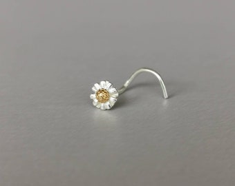 20G Dainty Daisy Nose Stud Minimalist Nose Screw Small Flower Corkscrew Stud Silver Nostril Nose Piercing Jewelry L Shaped Left Right Post