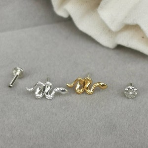 Minimal Snake Helix Tragus Earring - 18g/16g Threadless Sterling Silver Push in Pin Flat Back Post for Cartilage Conch Lobe Piercing