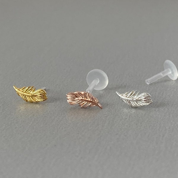 Tiny Feather Helix Earring Sterling Silver Catilage Earring Minimal Tragus Earring Piercing 16G Medusa Piercing Bioplast Bioflex Labret