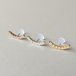 16G CZ Diamond Curved Cartilage Earring Minimalist Silver Helix Stud Crescent Moon Conch Piercing Push in Pin Flat Back Bioflex Labret Post