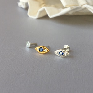 Blue Sapphire CZ Diamond Evil Eye Helix Earring - 18g/16g Threadless Sterling Silver Push in Pin Flat Back Post for Tragus Cartilage Conch