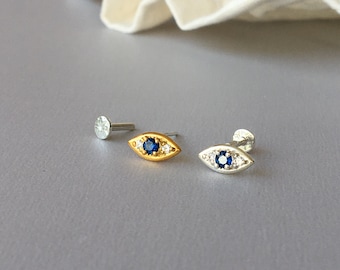 Blue Sapphire CZ Diamond Evil Eye Helix Earring - 18g/16g Threadless Sterling Silver Push in Pin Flat Back Post for Tragus Cartilage Conch