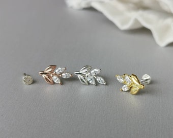 CZ Diamond Olive Leaf Twig Helix Earring - 18g/16g Threadless Sterling Silver Push in Pin Flat Back Post for Cartilage Conch Lobe Piercing