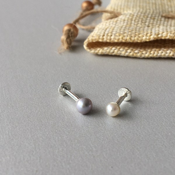 Fresh Water Pearl Helix Earring - 18g/16g Threadless Sterling Silver Push in Pin Flat Back Post for Tragus Cartilage Conch Lobe