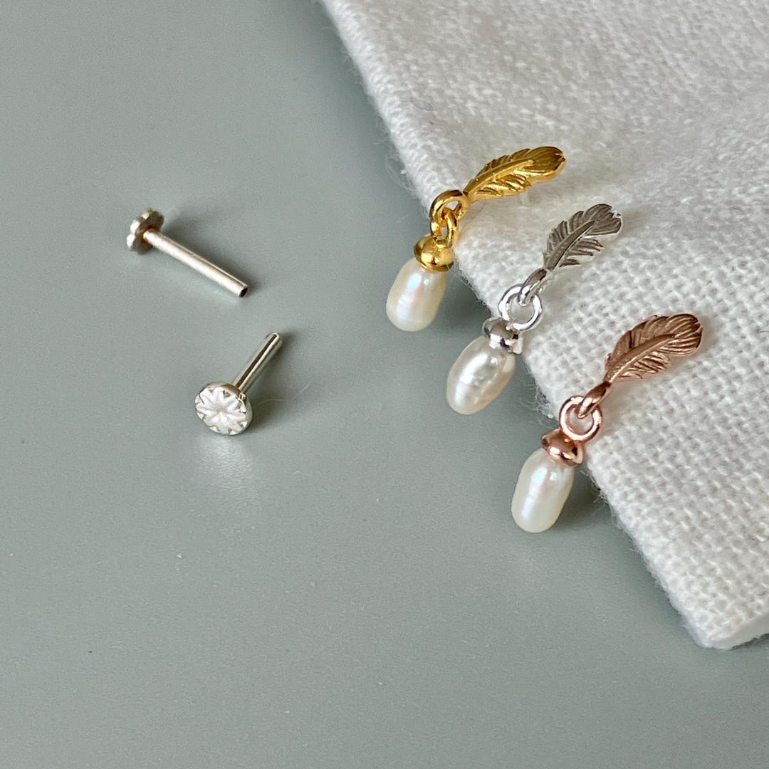 18G 16G Dainty Feather Helix Stud Earring Dangle Drop Pearl Cartilage ...