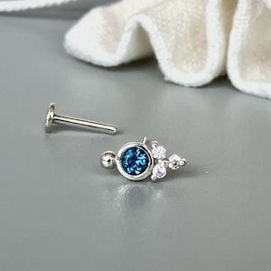 London Blue Topaz 16G 18G Helix Earring Trinity CZ Diamond Tragus Earring Cartilage Stud Flat Back Silver Threadless Labret Push in Pin Post