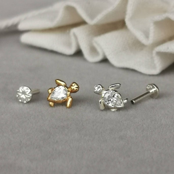 CZ Diamond Sea Turtle Helix Tragus Earring - 18g/16g Threadless Sterling Silver Push in Pin Flat Back Post for Cartilage Conch Lobe Piercing