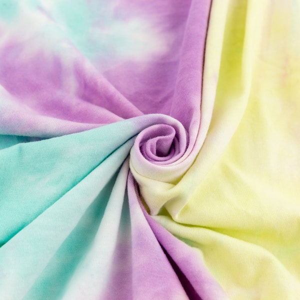 6# Cravate verte et violette teinte tissu stretch pour t-shirts d’été, léger et doux 95 coton 5 lycra tie dye jersey tissu tricoté