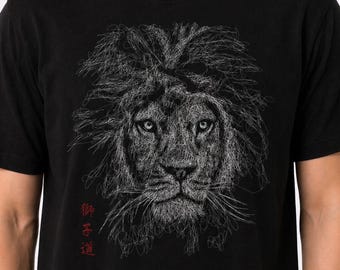 Japanese Lion T Shirt Calligraphy Tee Samurai Warrior Bushido Zen Minimalist Graphic Unisex Streetwear Shirt