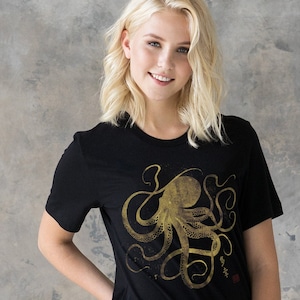 Octopus Gyotaku T-Shirt, Japanese Calligraphy Gold Print