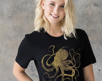 Octopus Japanse kalligrafie T-shirt Gyotaku traditionele Ukiyo-e Japan Anime Manga Gold Print Martial Arts Kawaii Womens Mens Printed Tee