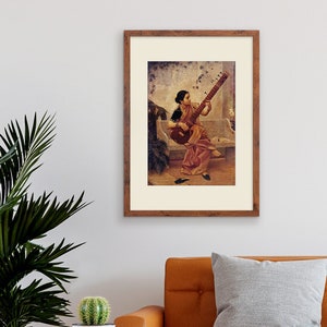 Affiche vintage d&#39;art indien encadrée, cadre ancien, Raja Ravi Varma, musique de Kadambari, charme hindou, peinture du Kerala, jolie Veena Sitar