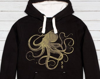Oktopus Japanische Kalligraphie Kapuzenpullover Gyotaku Traditionell Japan Anime Manga Kanji Kyoto Kampfsport Damen Herren Sweatshirt Bedrucktes Kapuzen top