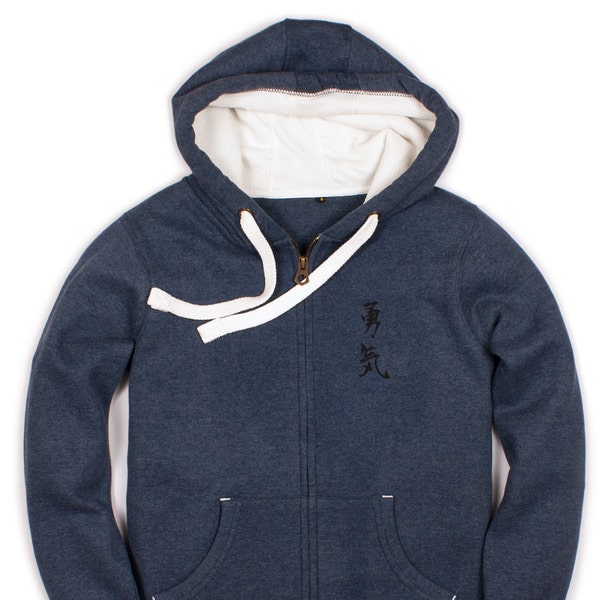 Sudadera con capucha y cremallera con caligrafía japonesa: Jersey inspirador "Coraje"