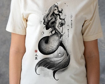 Mermaid Queen T-Shirt, Japanese Calligraphy Art, Ukiyo-e Style