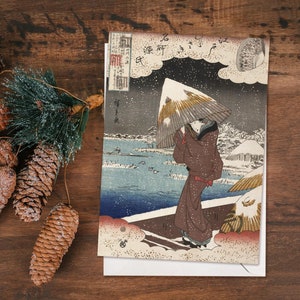 Art japonais ukiyo-e carte de voeux Noël Noël nouvel an hiver gravure sur bois esthétique geisha neige ukifune kimono Hiroshige luxe U56