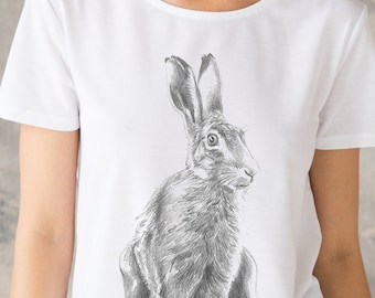 Wild Hare T Shirt Artist Pencil Sketch Drawing Animal Print Rabbit Forest Nature Cute Pretty Vegan Forest Womens Girls Graphic Printed Tee