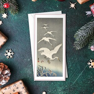 Art japonais ukiyo-e carte de voeux Noël Noël nouvel an hiver gravure sur bois neige Ohara koson aigrettes bel oiseau luxe élégant DE5