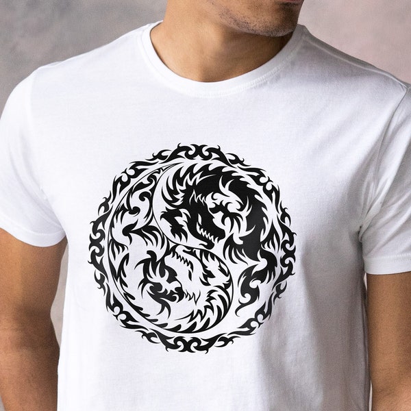 Yin Yang Dragons T shirt imprimé - Dragon taoïsme Yoga chinois japonais traditionnel Zen Arts martiaux Tai Chi Taijitu Mens Womens sérigraphie T-shirt imprimé