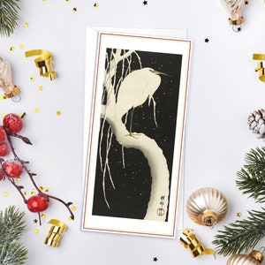 Art japonais ukiyo-e carte de voeux Noël Noël nouvel an hiver gravure sur bois neige Ohara Koson Aigrette bel oiseau luxe élégant EG8