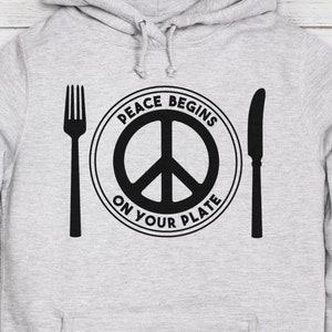 Vegan Hoodie Peace Begins On Your Plate Plant Based Sign Logo Animal Rights Planet Earth Womens Girls Printed Hooded Top Jumper Sweatshirt