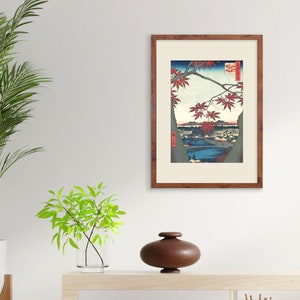 Japanese Art Hiroshige Print Poster Woodblock Ukiyo-e Framed Mounted Wall Maples At Mama Trees Leaves Landscape Autumn Japan Calligraphy A2