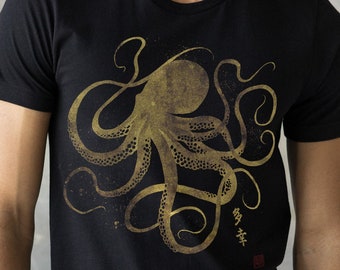 Octopus Japanse kalligrafie T Shirt Gyotaku traditionele kunst Japan Anime Manga Gold Print Yoga Martial Arts Samurai Heren Dames Gedrukt Tee