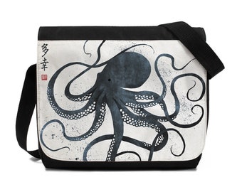 Japanese Octopus Ukiyo-e Messenger Bag Woodblock Art Samurai Tattoo Monster Gyotaku Bushido Womens Mens Printed Cross Body Shoulder Satchel