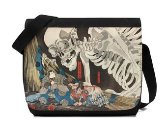 Bolso de mensajero japonés Ukiyo-e Woodblock Art Kuniyoshi Mitsukuni y el espectro del esqueleto, bolso de hombro cruzado estampado para hombre y mujer