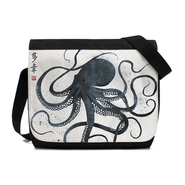 Japanese Octopus Ukiyo-e Messenger Bag Woodblock Art Samurai Tattoo Monster Gyotaku Bushido Womens Mens Printed Cross Body Shoulder Satchel