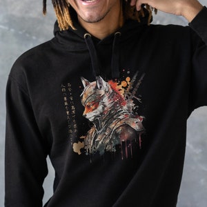 Japonés Samurai Fox Kitsune sudadera con capucha caligrafía arte tradicional Japón anime manga artes marciales mujeres hombres sudadera impresa con capucha superior