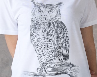 Pencil Sketch Owl T-Shirt: Wild Bird Graphic Tee