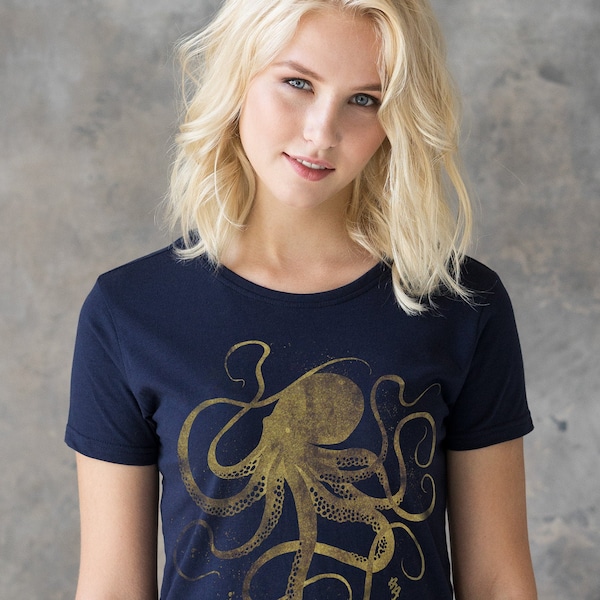 Octopus Japanese Calligraphy T Shirt Gyotaku Traditional Art Writing Ukiyo-e Japan Kawaii Gold Print Yoga Womens Girls Printed Tee T-Shirt