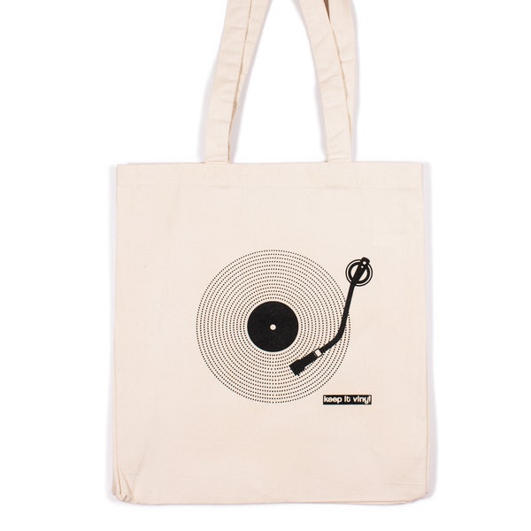 Keep It Vinyl Tote – Cotton Canvas Tote Shopper Bag Screen Printed Eco Friendly Market Bag LP Turntable Record Player Bass Deck Decks