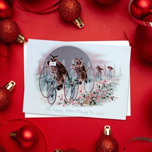 Étranges cartes de vœux victoriennes Ensemble de cartes de Noël Noël Nouvel An Hiver Édouardien vintage Retro Owls Tricycle Vélo Drôle Festif Mignon T98